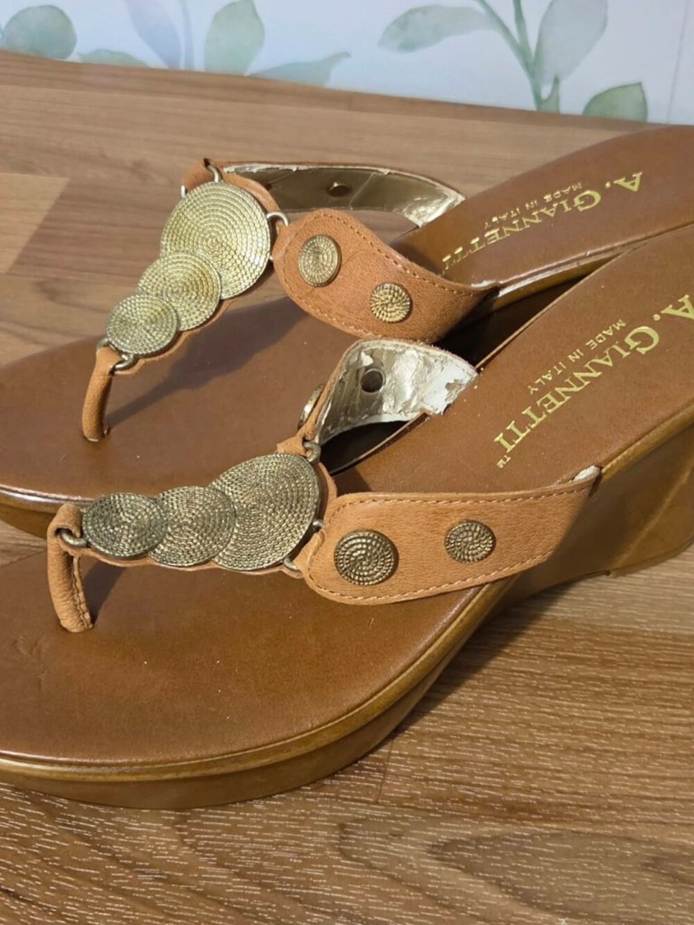 A. Giannetti Italian Brown Leather Gold Medallion Wedge Sandals - Size 7.5